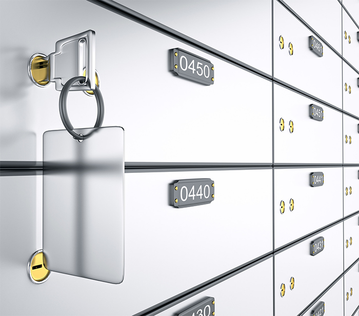 Safe deposit boxes in a bank vault