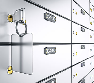 Safe deposit boxes in a bank vault